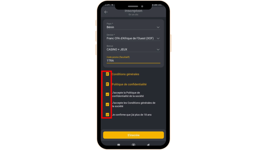 Inscription sur Betandyou app