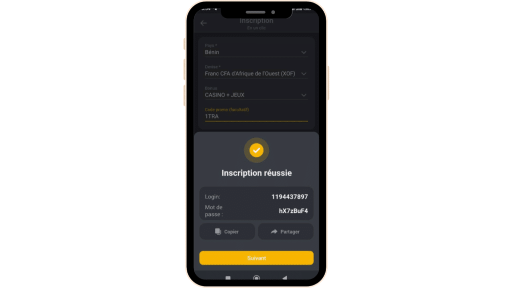 Inscription sur Betandyou app