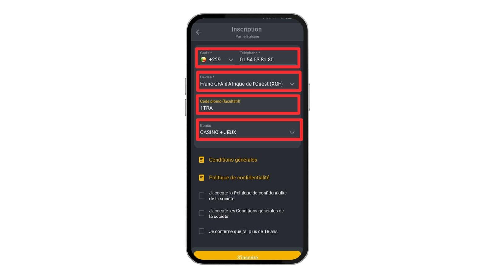 Renseigner les informations pour l'inscription par téléphone